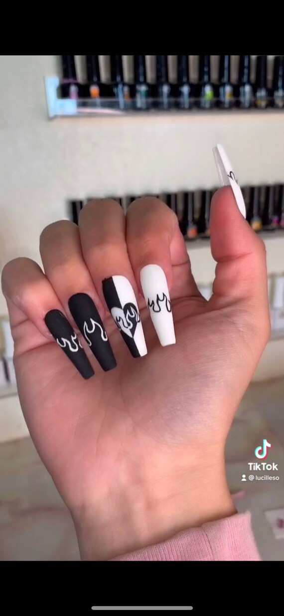 Black And White Flame Heart Nails Etsy