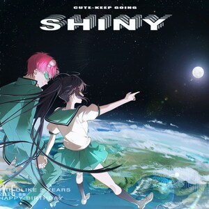 May include: Two anime characters, a boy with pink hair and a girl with long black hair, stand in front of a blue and green planet with a moon in the background. The text "SIMPLY COMPLETE" is on the left side of the image and "SIMPLY COMPLETE" is on the right side of the image. The text "CUTIE-KEEP GOING" and "SHINY" are at the top of the image.