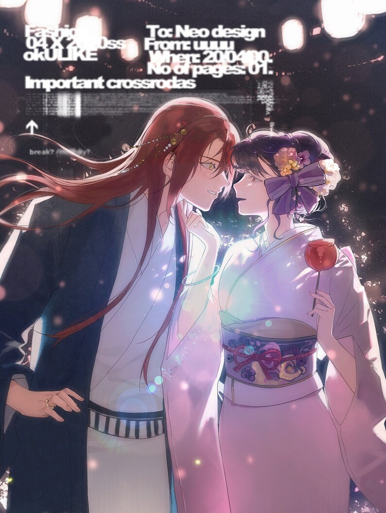 May include: A couple in traditional Japanese attire, a man with long red hair and a woman with long dark hair, gazing at each other with a romantic expression. The man is wearing a dark blue kimono with a white and black striped sash, and the woman is wearing a pink kimono with a purple sash and a floral hair ornament. The background is a dark night sky with glowing lights.
