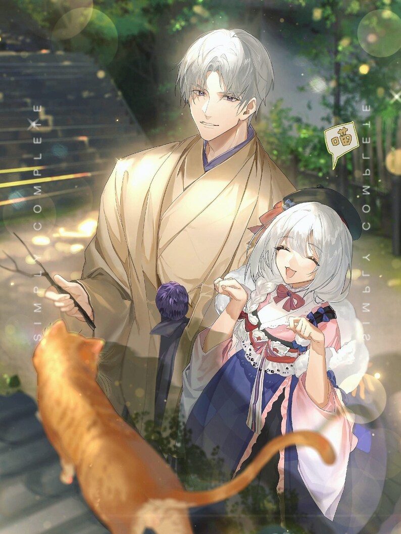 May include: A white-haired man in a beige kimono with a purple sash stands next to a girl with white hair wearing a pink and blue kimono. The girl is holding a small white object in her hand. A brown cat is in the foreground.