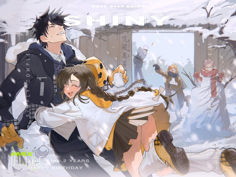 May include: A couple in winter clothing, a man with black hair and a woman with brown hair, are playfully throwing snowballs at each other. The woman is wearing a yellow and white dress with a yellow bow in her hair. The man is wearing a black jacket and a white shirt. The background is a snowy landscape with a wooden building in the distance. The text "SIMPLY COMPLE" is written vertically on the left side of the image. The text "ULEUKE 2 YEARS HAPPY BIRTHDAY" is written horizontally at the bottom of the image.