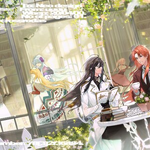 May include: Four anime characters are gathered around a table in a garden setting. The table is covered with a white tablecloth and has a teapot, cups, and books on it. The characters are dressed in various styles, including a white coat, a red coat, and a blue dress. The background features a white fence, green plants, and a building with windows.