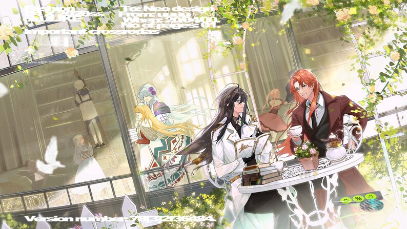 May include: Four anime characters are gathered around a table in a garden setting. The table is covered with a white tablecloth and has a teapot, cups, and books on it. The characters are dressed in various styles, including a white coat, a red coat, and a blue dress. The background features a white fence, green plants, and a building with windows.