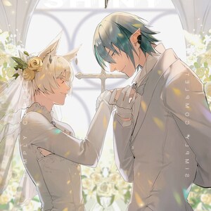 May include: A wedding illustration featuring two people in a church setting. The person on the left is wearing a white wedding dress with a veil and a white flower crown. The person on the right is wearing a white tuxedo with a bow tie. The text "SHINY" is written in white letters on a black background above the couple. The text "CUTE-KEEP GOING" is written in white letters on a black background above the text "SHINY". The text "SIMPLY CUTE" is written vertically on the left side of the image. The text "2 IMGL  ^  COMBLE T" is written vertically on the right side of the image.