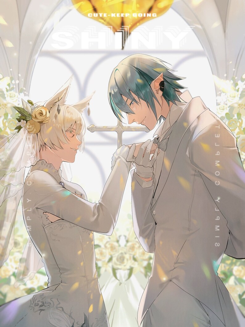 May include: A wedding illustration featuring two people in a church setting. The person on the left is wearing a white wedding dress with a veil and a white flower crown. The person on the right is wearing a white tuxedo with a bow tie. The text "SHINY" is written in white letters on a black background above the couple. The text "CUTE-KEEP GOING" is written in white letters on a black background above the text "SHINY". The text "SIMPLY CUTE" is written vertically on the left side of the image. The text "2 IMGL  ^  COMBLE T" is written vertically on the right side of the image.