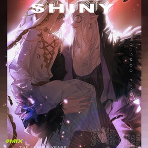 May include: A digital illustration of two people with long white hair. The person on the left is wearing a white shirt with a gold design. The person on the right is wearing a black shirt with a white collar. The background is a red and purple gradient with white feathers. The text "SHINY" is written in white letters across the top of the image. The text "#MIX" is written in green letters in the lower left corner of the image. The text "THE ULIKE 2 YEARS 2020 SS HAPPY BIRTHDAY" is written in white letters in the lower left corner of the image. The text "COMELINESS" is written in white letters in the lower right corner of the image.