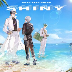 May include: A digital illustration of four men standing on a beach. The men are wearing casual clothing and are smiling. The background is a blue sky with white clouds and a bright sun. The text "SHINY" is written in large letters across the top of the image. The text "CUTE-KEEP GOING" is written in smaller letters below the word "SHINY".