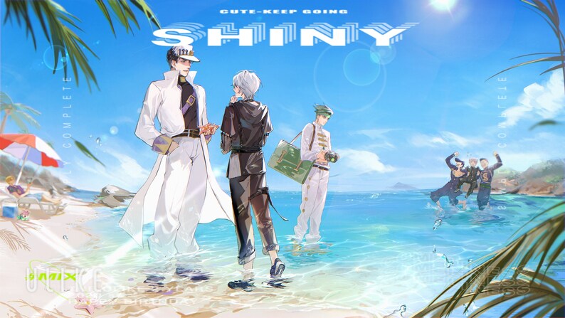 May include: A digital illustration of four men standing on a beach. The men are wearing casual clothing and are smiling. The background is a blue sky with white clouds and a bright sun. The text "SHINY" is written in large letters across the top of the image. The text "CUTE-KEEP GOING" is written in smaller letters below the word "SHINY".