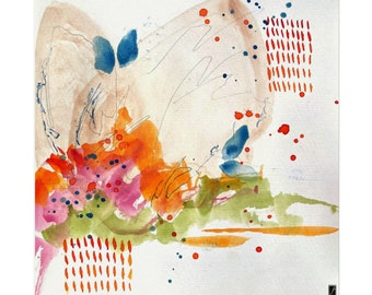May include: Abstract watercolor painting with splashes of orange, pink, blue, and green. The background is a light beige with a few red dots.