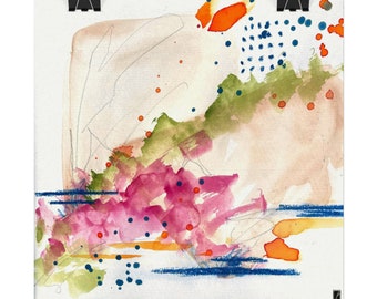 May include: Abstract watercolor painting with pink, green, orange, and blue hues. The painting features a variety of shapes and textures, including dots, lines, and washes.