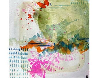 May include: Abstract watercolor painting with splashes of pink, orange, green, and blue. The background is a light beige with a subtle texture.