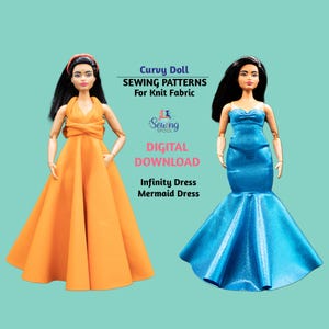 May include: Two dolls wearing different dresses. The doll on the left is wearing an orange infinity dress. The doll on the right is wearing a blue mermaid dress. The text on the image reads "Curvy Doll Sewing Patterns for Knit Fabric Sewing Spool Digital Download Infinity Dress Mermaid Dress".