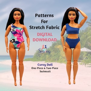 Curvy Doll Swimsuit Sewing Patterns - PDF for Stretch Fabric - Two-Piece Bikini - DIY Doll Summer Outfit