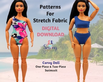 Curvy Doll Swimsuit Sewing Pattern | Two-Piece Bikini | Stretch Fabric Doll Clothes | Printable PDF
