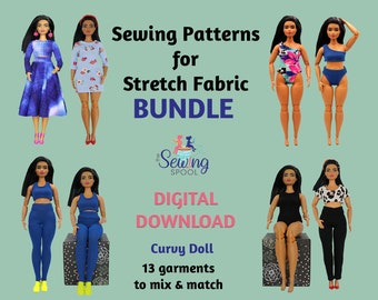 Curvy Doll Sewing Patterns Bundle | Stretch Fabric Clothes | PDF Printable | Instant Download