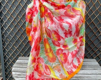 100% silk large scarf/stole - RED/ORANGE