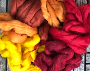 100% merino wool roving 21-23 micron yellow/red