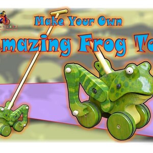 Könnte beinhalten: Basteln Sie Ihr eigenes tolles Froschspielzeug - Ein grünes, hölzernes Froschspielzeug mit Rädern und einem Zuggriff. Der Frosch hat ein geflecktes Muster und große Augen. Das Spielzeug befindet sich auf einem hellvioletten Hintergrund.