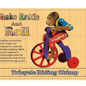 Pode incluir: Um triciclo de madeira com uma roda vermelha, uma estrutura roxa e rodas vermelhas. Um macaco vestindo um uniforme azul e amarelo está andando de triciclo. O texto "Shake Rattle And Roll" está no topo da imagem. O texto "Tricycle Riding Chimp" está na parte inferior da imagem.