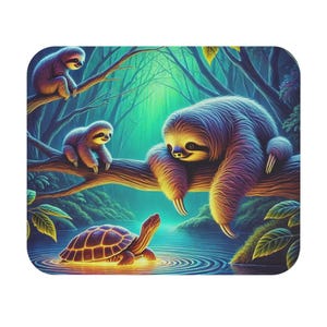 May include: A digital illustration of three sloths in a forest setting. The largest sloth is resting on a branch, while two smaller sloths are perched on branches above. A turtle swims in a pond below the sloths.