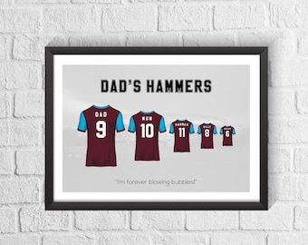 Personalised Hammers Family Football Shirt Print | Fathers Day Gift | Gift for Hammers Fan