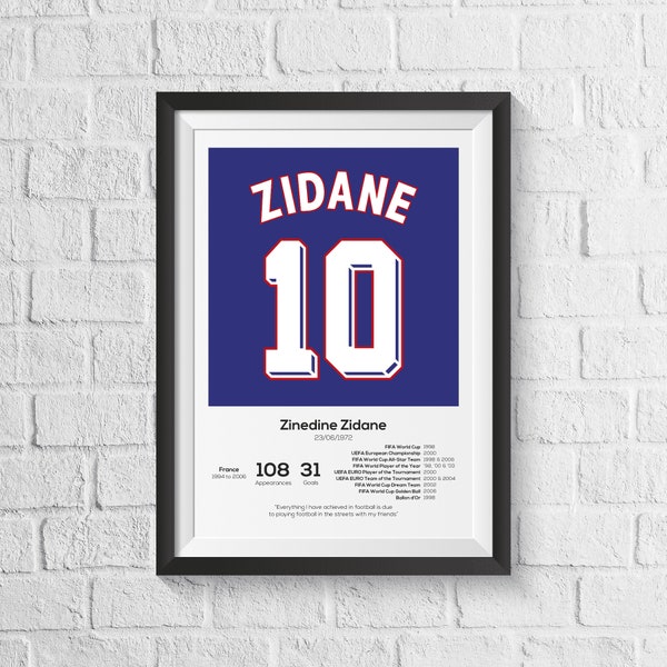 Zinedine Zidane France Legend Stats Football Print