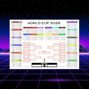 May include: A white World Cup 2026 bracket chart with team names and match-up boxes. The chart includes the text "World Cup 2026" and "The Final" with a trophy graphic. The background is a retro-style gradient.
