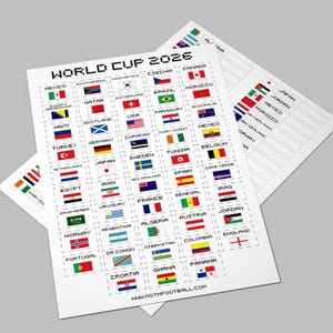 Puede incluir: Hojas de papel impresas con banderas de países participantes en la Copa del Mundo 2026. Las banderas están dispuestas en una cuadrícula, con el texto "WORLD CUP 2026" en la parte superior. Hojas adicionales muestran banderas y nombres de países.