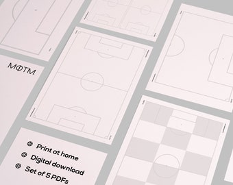 May include: Set of five printable soccer field diagrams. The diagrams include a full field, half field, and a gridded field. The diagrams are black and white and are perfect for coaches and players to use for practice and game planning.