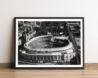 Fotografía impresa del Yankee Stadium: Béisbol de Nueva York, arte mural de la MLB en blanco y negro.