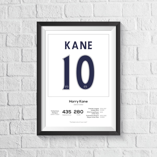 Harry Kane Tottenham Hotspur Legend Stats Football Print | Sporen Poster | Geschenk für Tottenham Fan