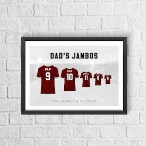 Gepersonaliseerde harten familie voetbalshirt print | Vaderdagcadeau | Cadeau voor Jambos-fan | Heart of Midlothian-voetbalposter