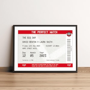 Personalisierte Fußball Ticket Hochzeitsdruck, benutzerdefinierte Fußball Hochzeitsgeschenk für Fußball Fans Paar, Fußball Ehe Geschenk, Mr und Mrs Print