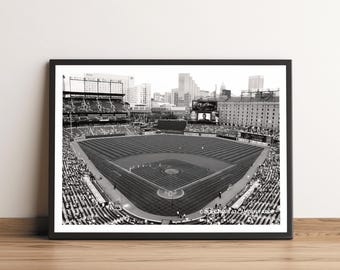 Wielewaalpark bij Camden Yards Print: Baltimore Orioles Stadium, zwart-wit MLB-muurkunst
