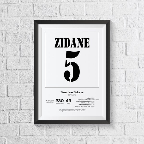 Zinedine Zidane Real Madrid Legend Stats Football Print