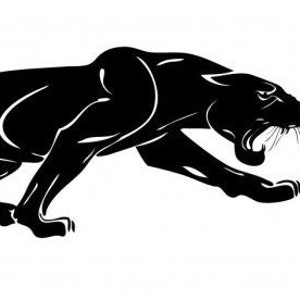 May include: A black panther silhouette in a leaping pose, with its mouth open and teeth showing. The panther is facing right and its tail is curled behind it.