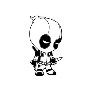 Może przedstawiać: Czarno-biała ilustracja kreskówkowa Deadpoola w stylu chibi. Postać ma na sobie charakterystyczny strój i trzyma nóż oraz pistolet. Obraz ma czysty, minimalistyczny design.