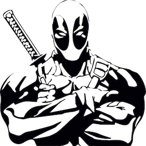 Może przedstawiać: Czarno-biała ilustracja postaci superbohatera z maską i mieczem katana. Postać stoi ze skrzyżowanymi ramionami i patrzy bezpośrednio na widza.