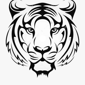 Puede incluir: Ilustración en blanco y negro de línea de arte de la cara de un tigre. El tigre tiene una expresión feroz con dientes afilados y una nariz prominente.