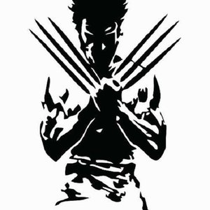 May include: Black and white silhouette of a superhero with claws, resembling Wolverine from the X-Men comics.
