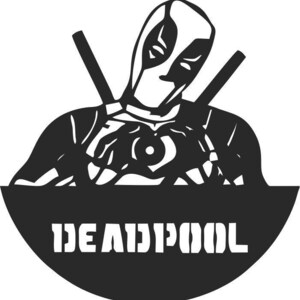 Może przedstawiać: Czarno-biała grafika Deadpoola, postaci z komiksu, z dwoma mieczami za ramionami. Imię postaci, "DEADPOOL", jest wyświetlane pogrubioną czcionką wielkimi literami na dole obrazu.