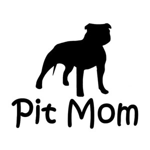 Op de afbeelding: Zwarte silhouet van een Pitbull met de tekst "Pit Mom" eronder.