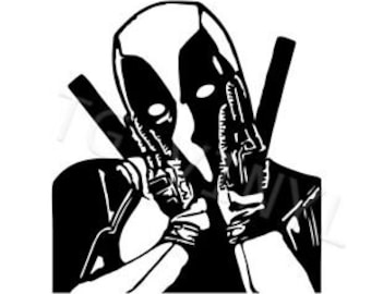 May include: Black and white silhouette of Deadpool, a fictional superhero, with his hands covering his face. He is wearing a red and black suit with a mask.
