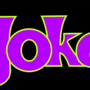 Könnte beinhalten: Das Joker-Logo in einem lila und grünen Farbschema. Der Text "THE JOKER" ist in einer fetten, stilisierten Schrift.