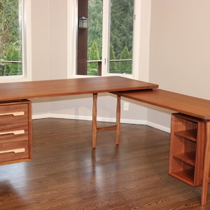 L Shaped Desk, Mid Century Modern Desk, Mahogany Wood L Desk, Executive Desk, Corner Desk With Drawers, Solid Wood Office Desk, Large Desk image 1