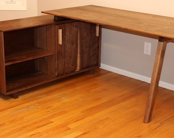 FREE SHIPPING ~ Walnut Mid Century Modern Desk With Drawers And Tapered Legs ~ Rustic Home Office Desk In Custom Size, Different Wood Types