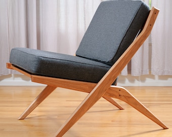 Cherry wood chair for lounge - Stylish danish chair mid century modern - Solid cherry wood chair upholstered - Custom wood armless chair