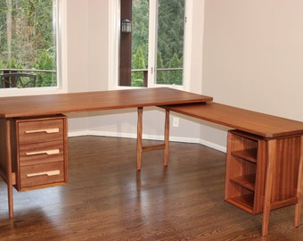 L Shaped Desk, Mid Century Modern Desk, Mahogany Wood L Desk, Executive Desk, Corner Desk With Drawers, Solid Wood Office Desk, Large Desk