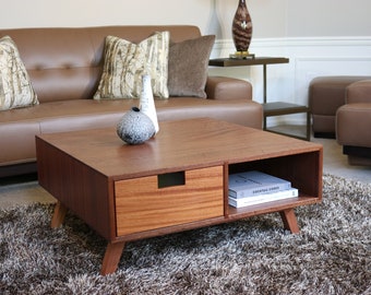 Square coffee table with storage - Mcm low wood table - Mid century modern coffee table of solid mahogany - Holiday decor wood
