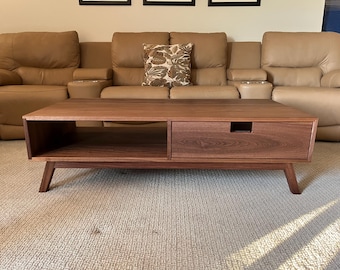 Rectangular Walnut Coffee Table in Mid Century Modern Style with storage